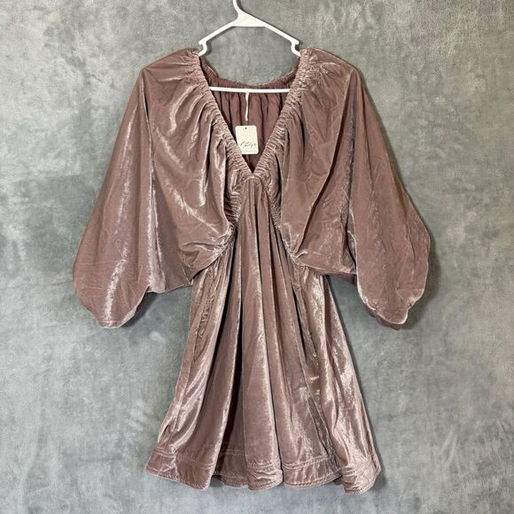 Free People Dresses & Skirts - NWT Free People Portia Velvet S Pink Dress V-Neck Balloon Sleeve Romantic Boho
